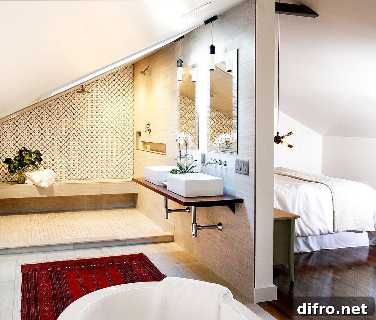 Modern attic master suite with spa-styled bathroom