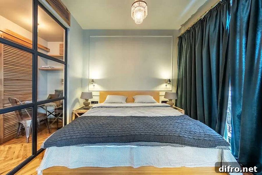 Drapes providing privacy in the bedroom with glass walls
