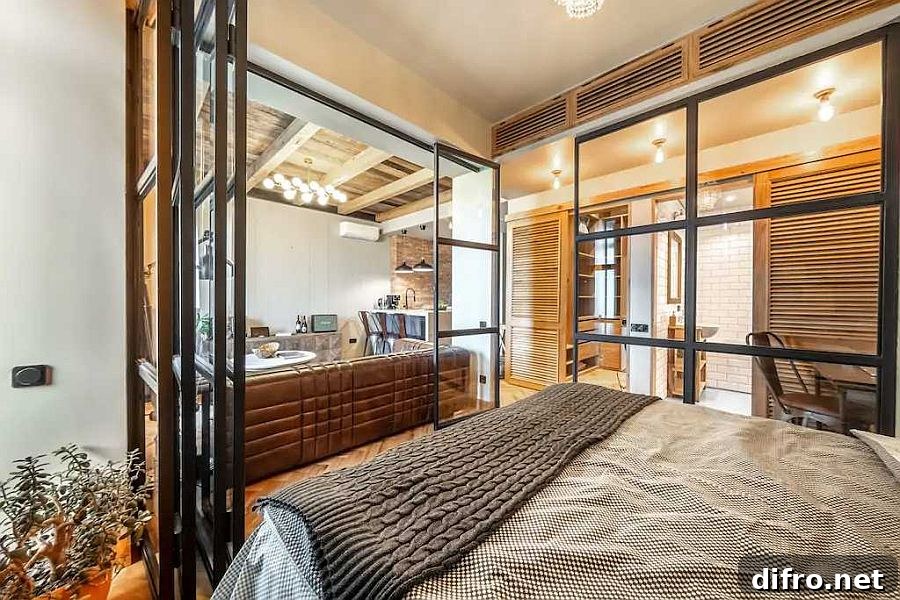 Framed glass walls around the bedroom