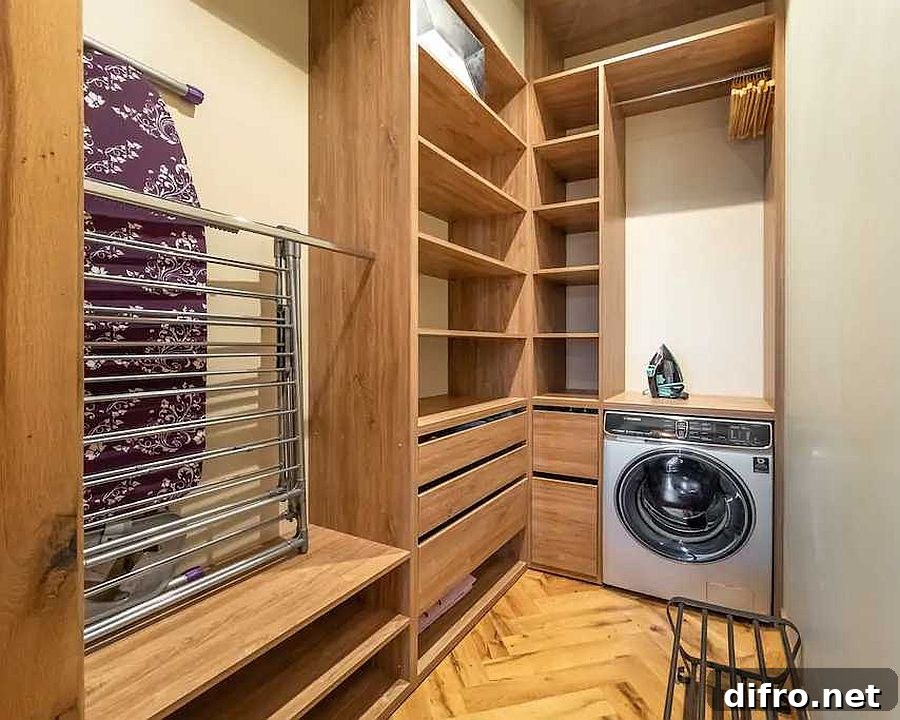 Laundry room with wood and white finishes
