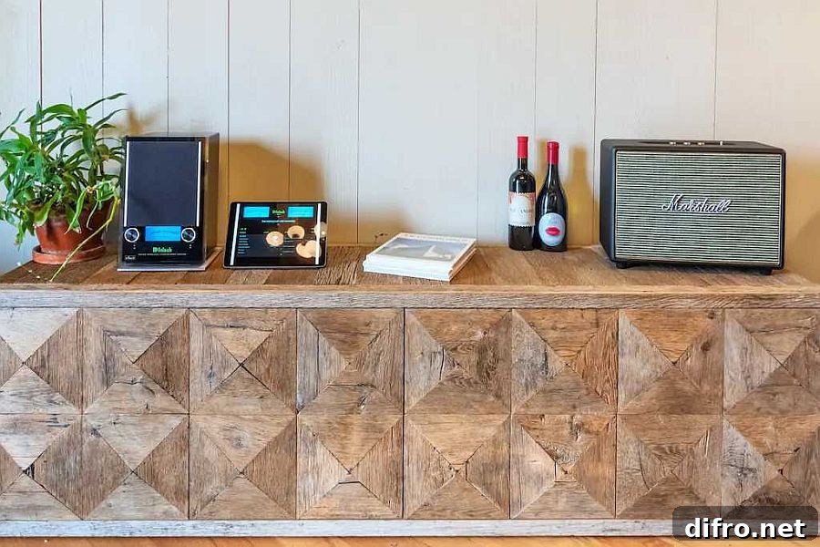 Textured wooden credenza bringing pattern to the space