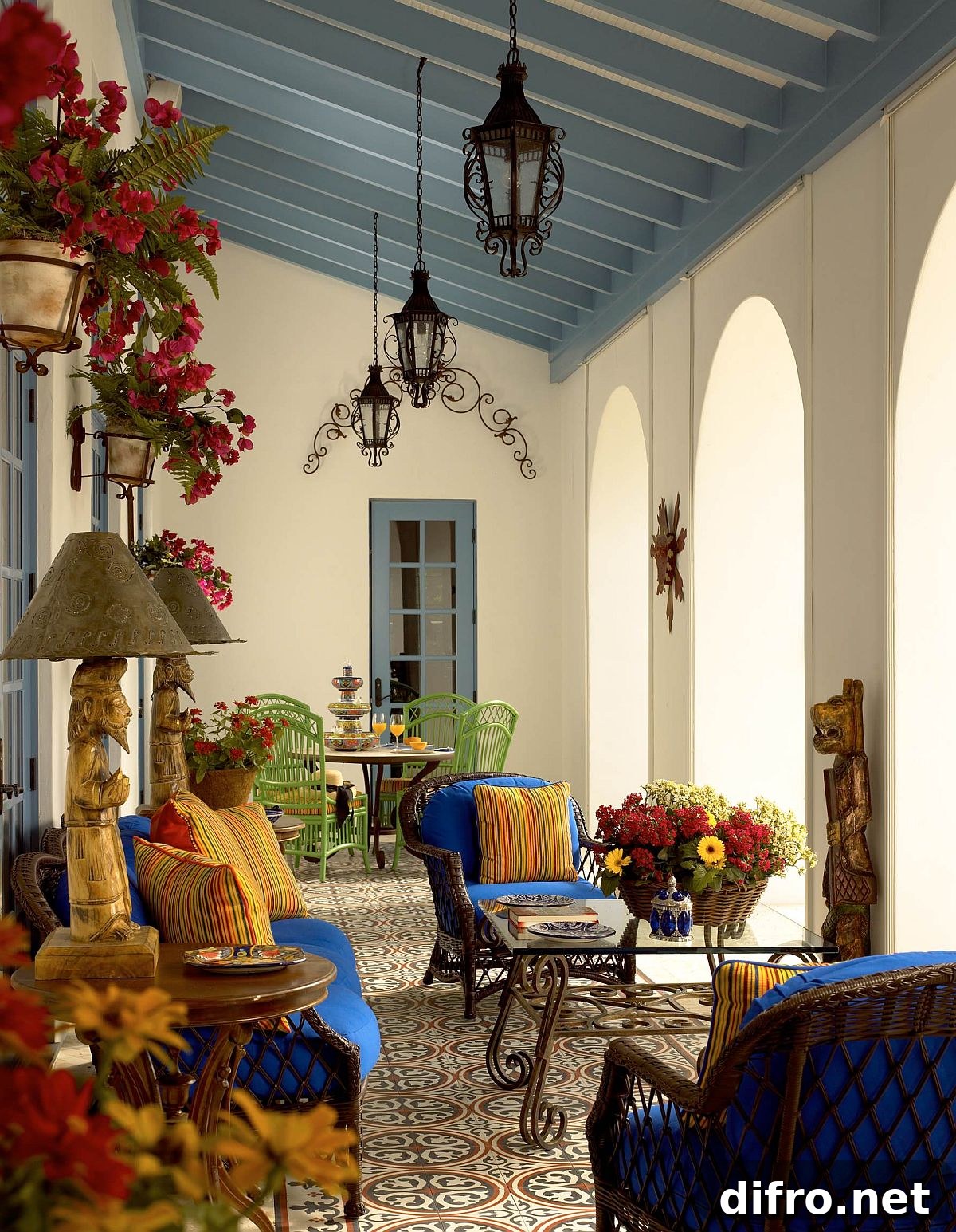 Mediterranean porch with brilliant blues and bold yellows