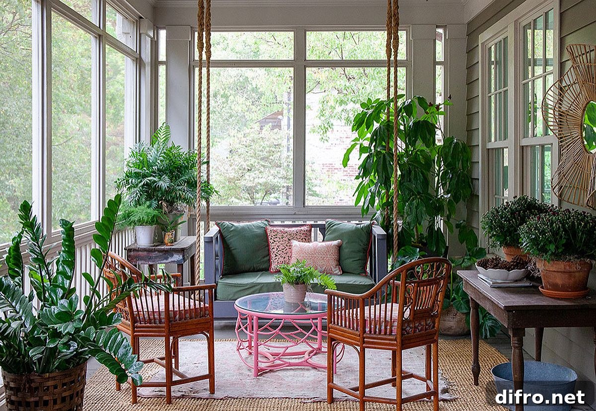 Greenery adding a relaxing vibe to a stylish porch