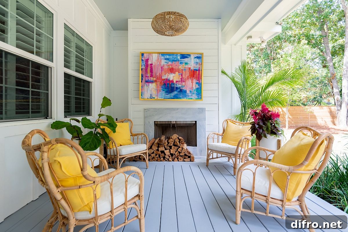 Bright yellow cushions on a modern white porch
