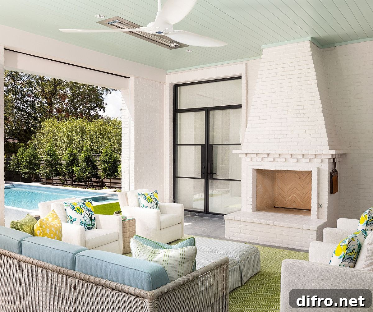 Blend of blue, green and yellow accents on a white porch