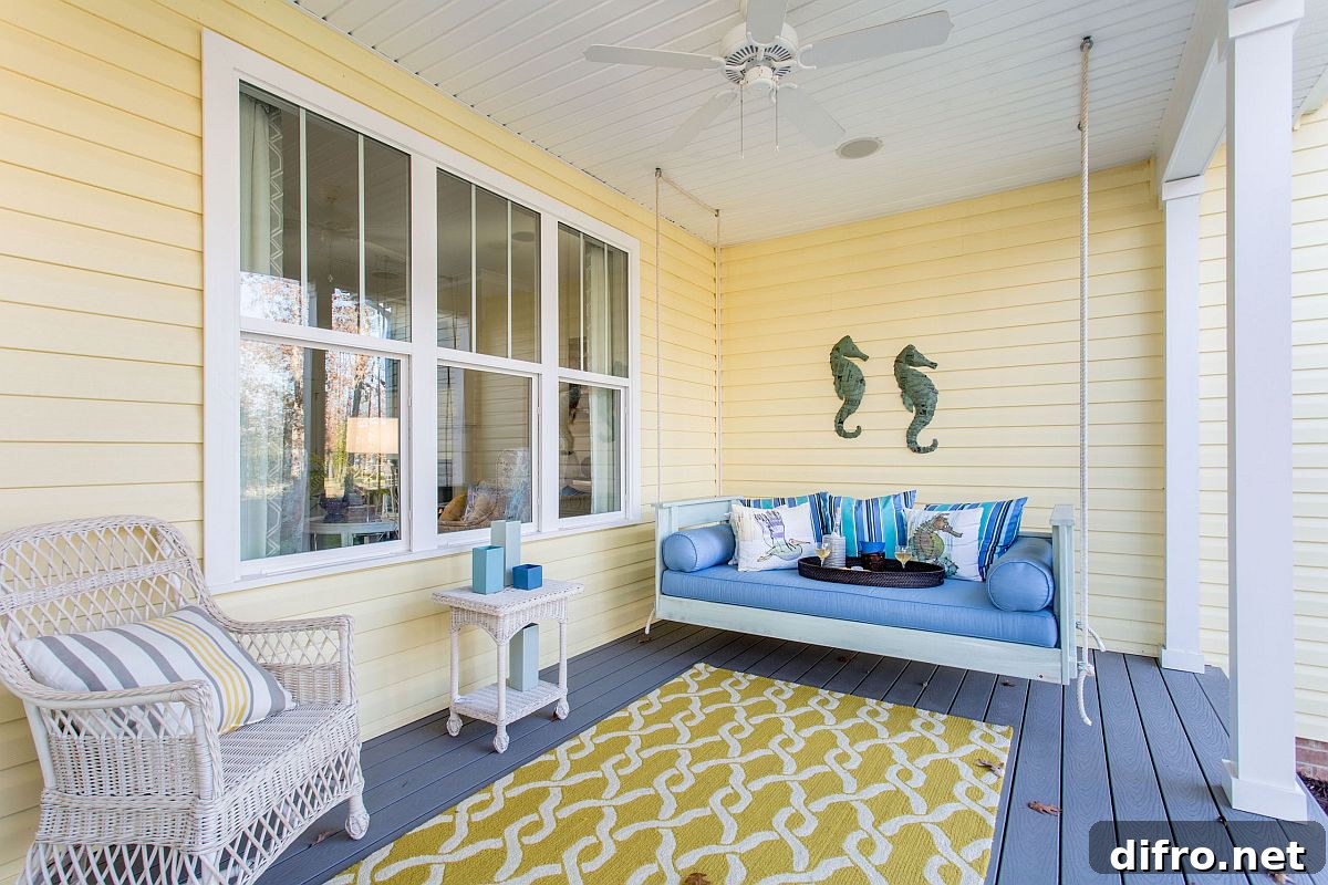 Spacious porch combining yellow and blue with a swing