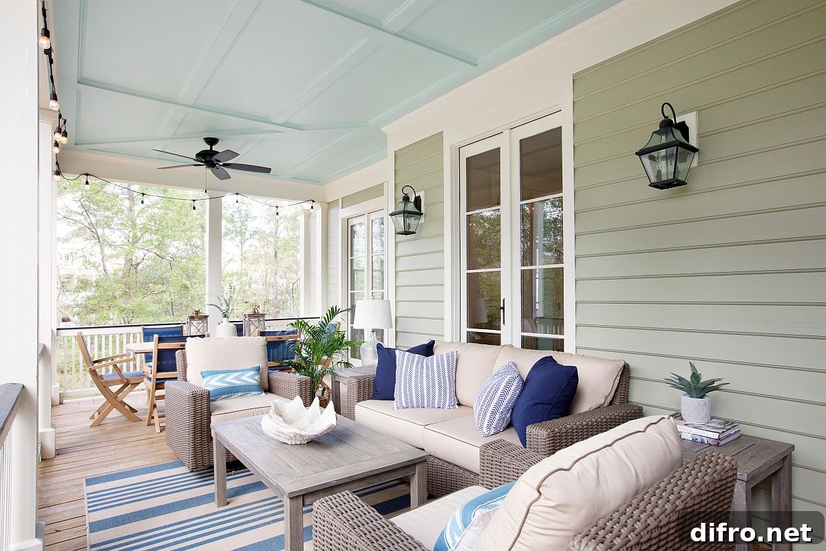 Change porch mood with different accent cushions and rugs