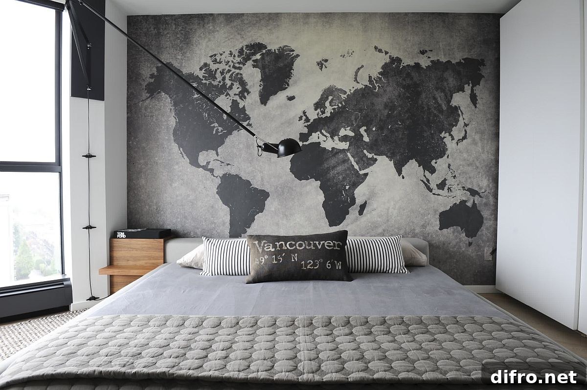 Modern industrial bedroom with a map of the world on the wall