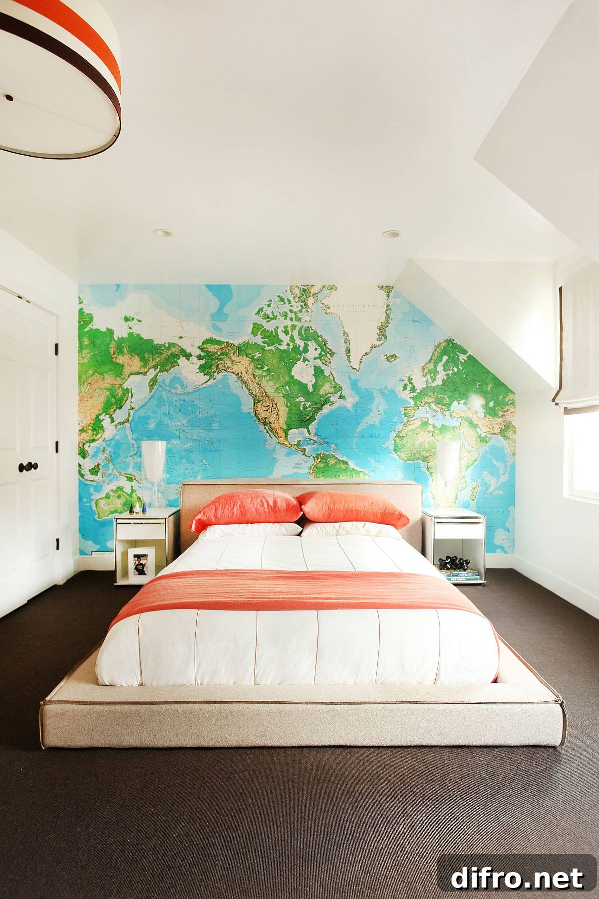 Map-filled headboard wall