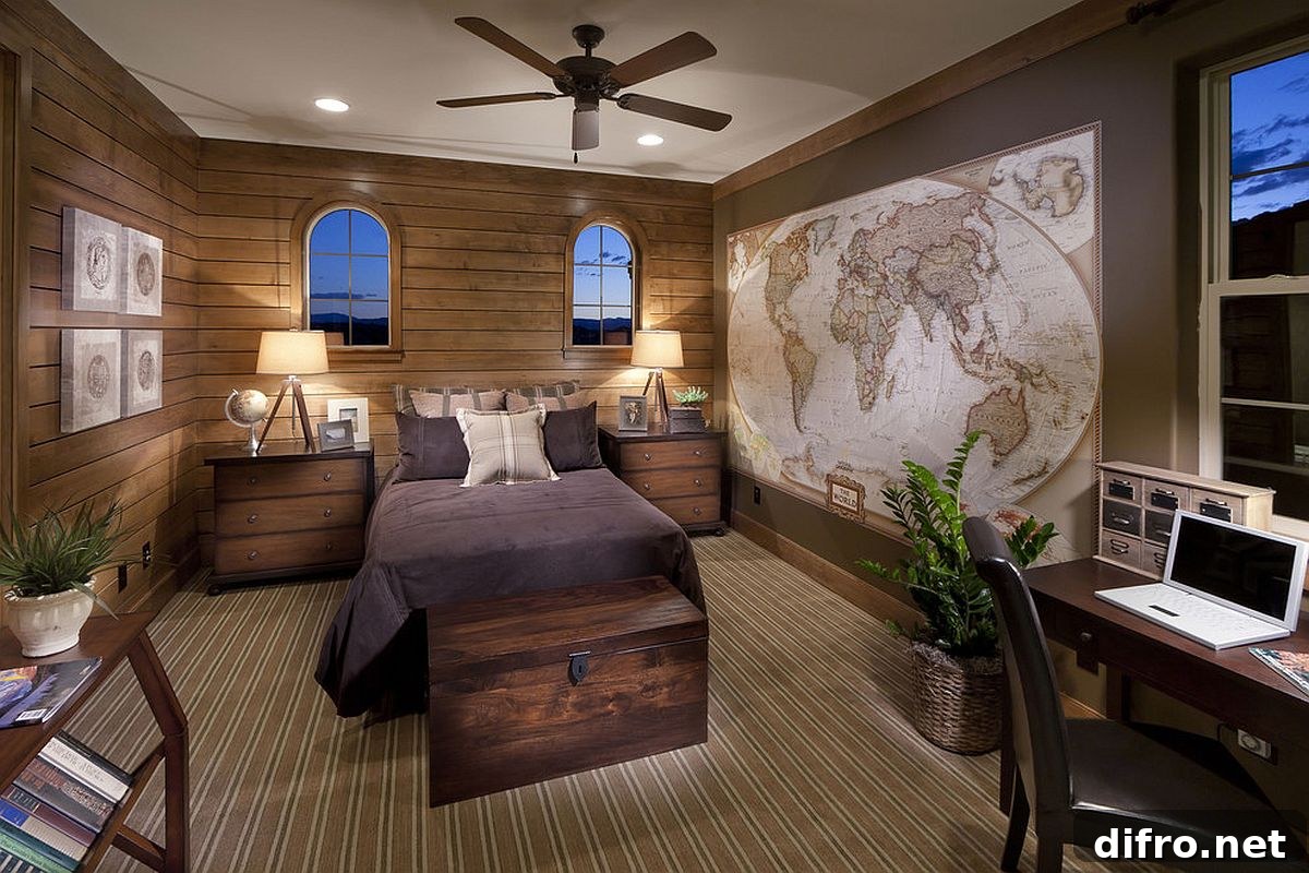 Woodsy and industrial bedroom with map