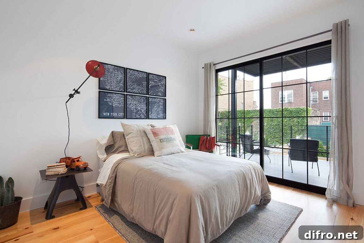 Dark framed maps in modern bedroom