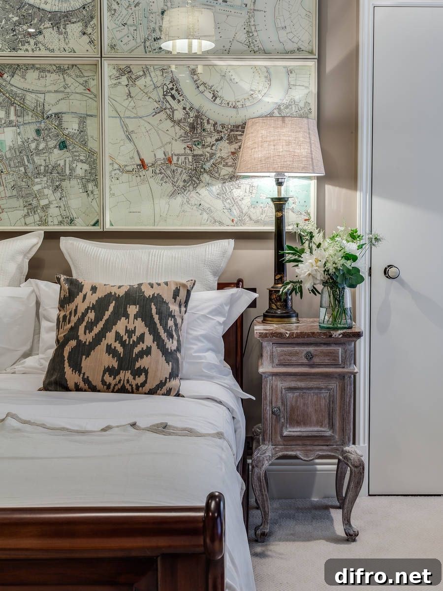 Framed maps arranged above headboard