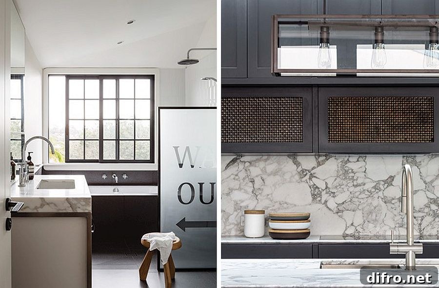 Modern black and white kitchen with marble finishes inside the home