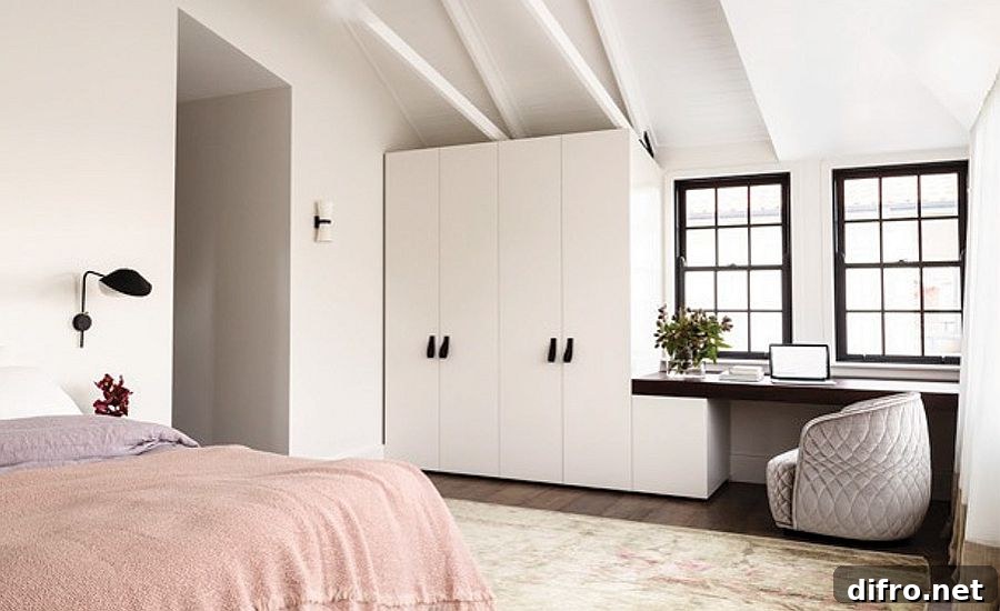 Bedding brings pastel hues to the bedroom in white