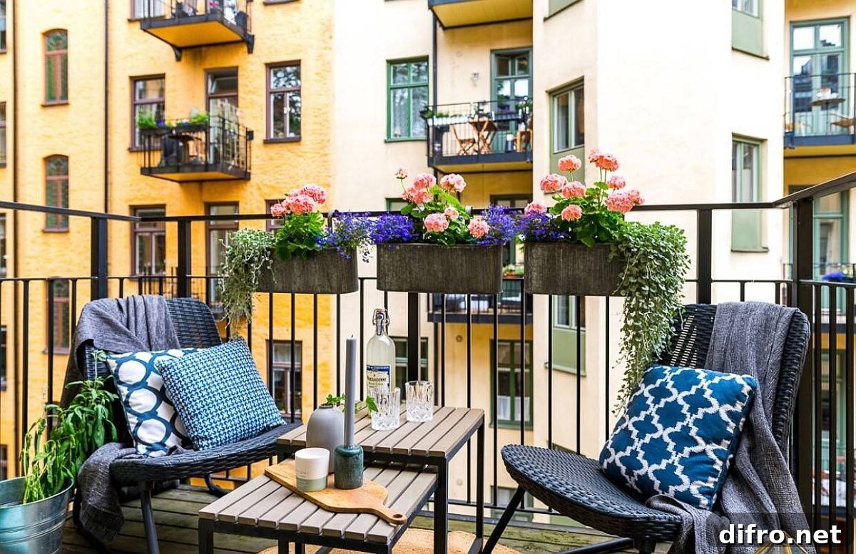 Potted flowering plants on Scandinavian balcony