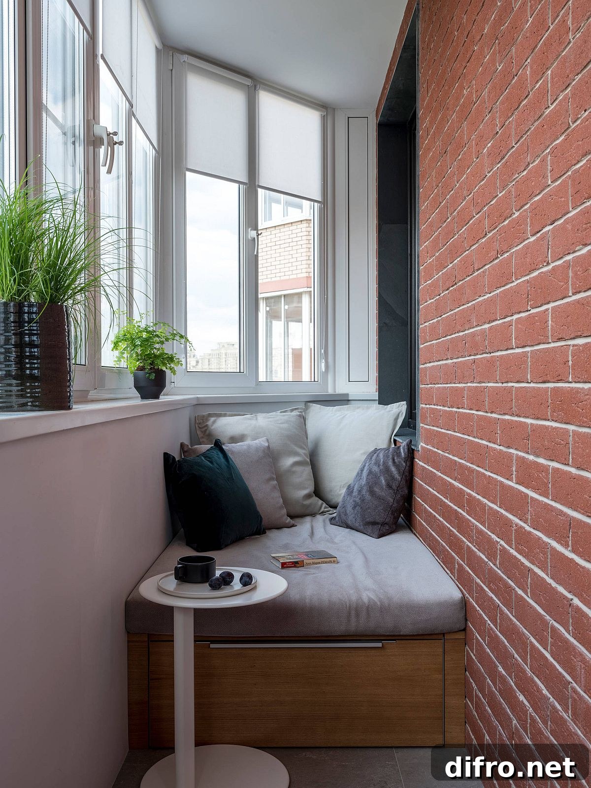 Tiny balcony with small seat and under-seat storage