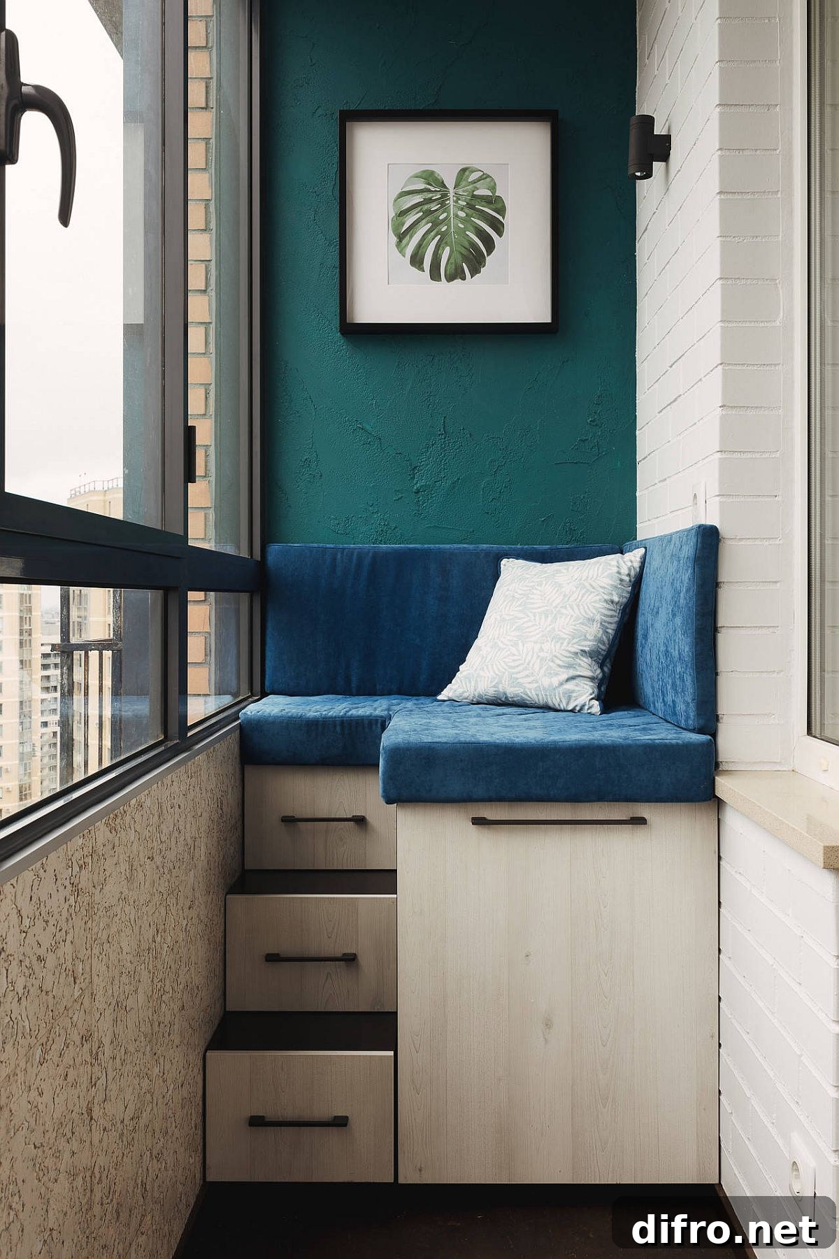 Modern balcony with corner bench and storage