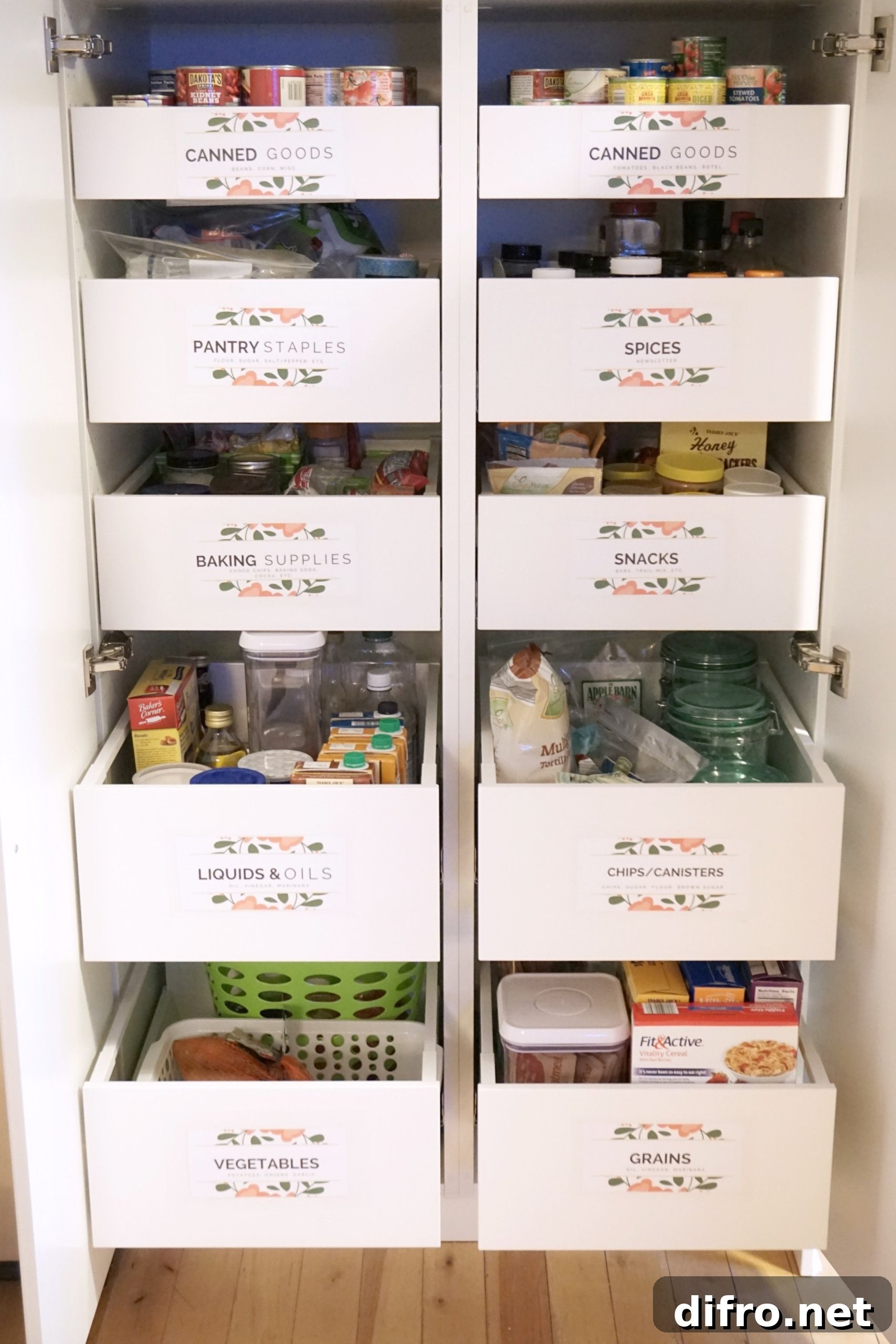 Clear contact paper labels on pantry drawers