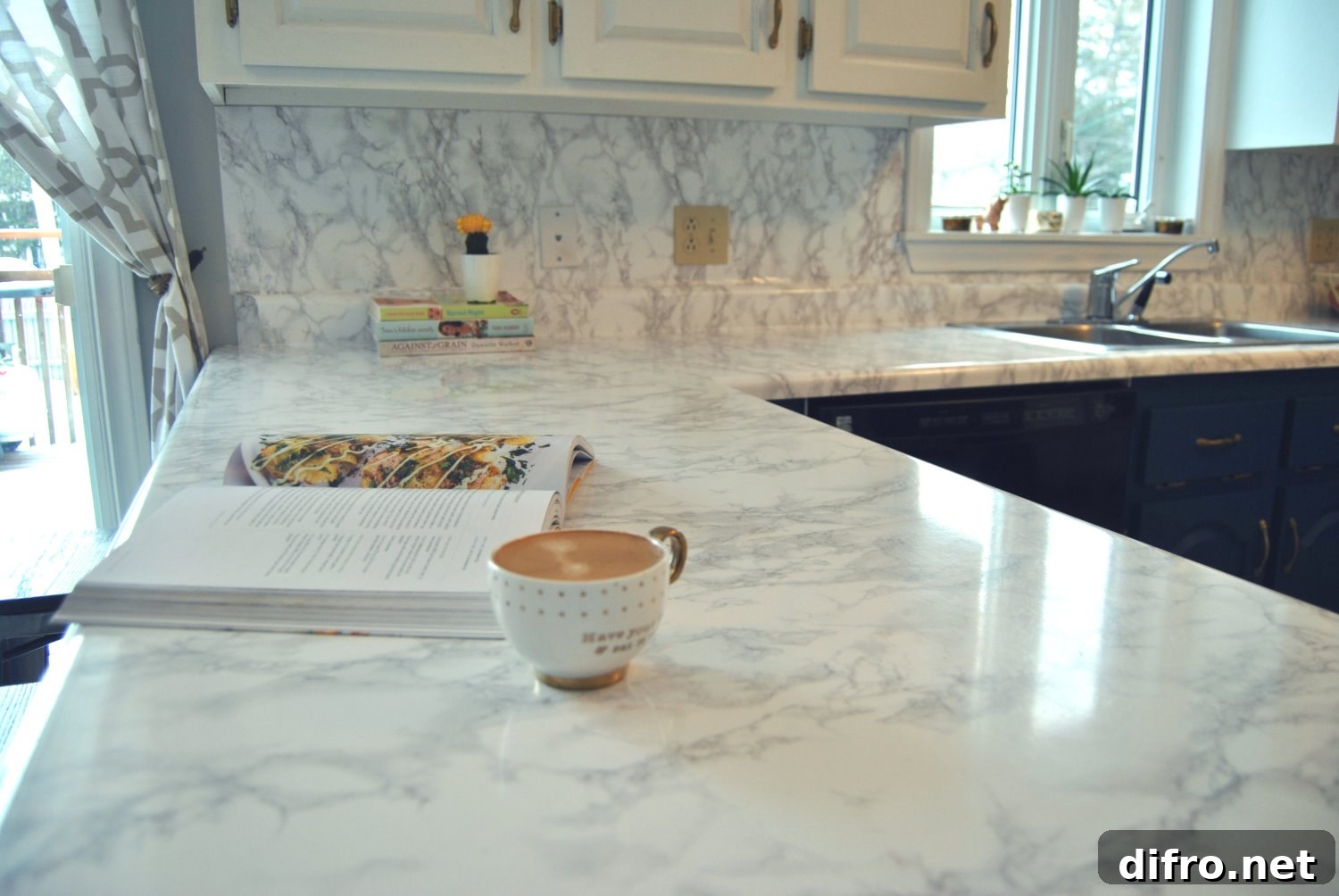 Kitchen makeover with marble contact paper