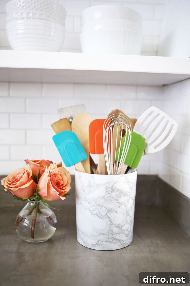 Marble contact paper utensil holder