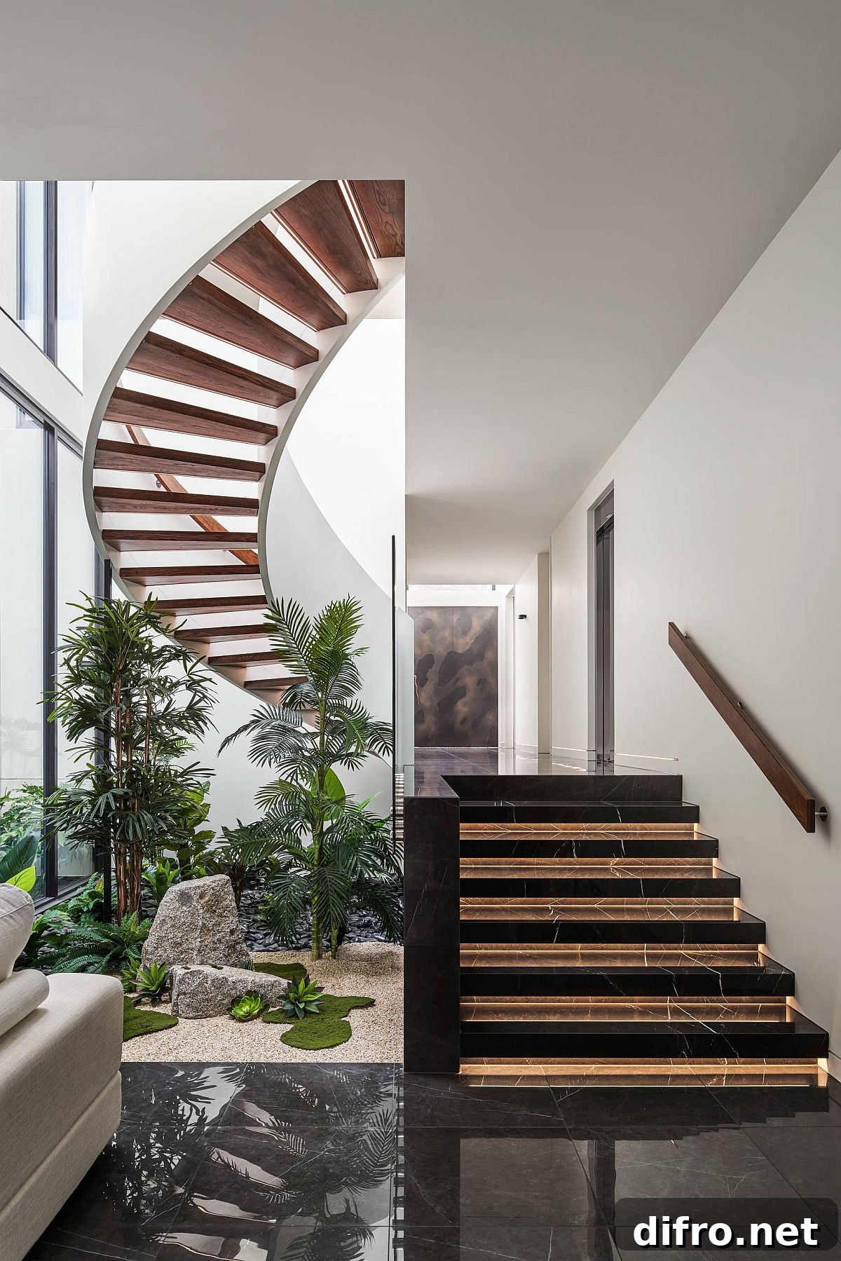Atrium with spiral staircase in double-height entry