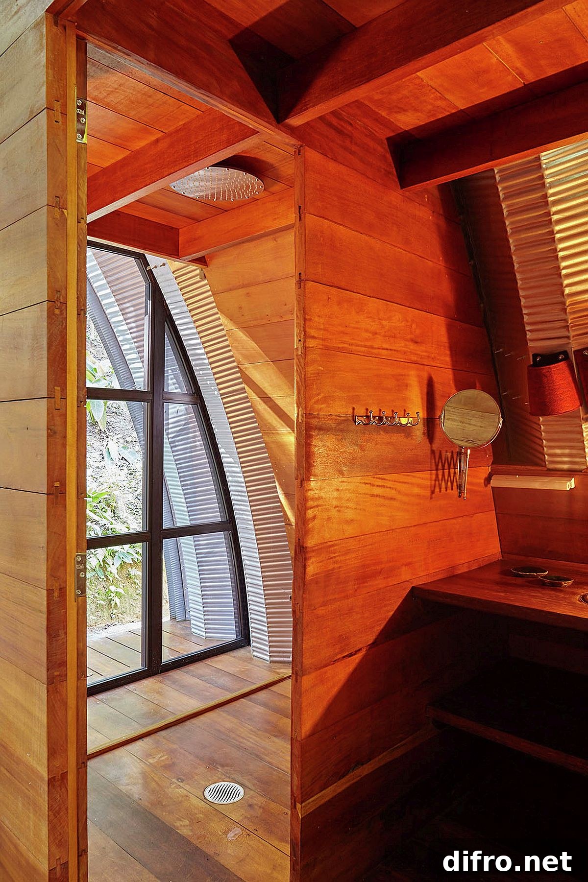 Wooden walls and doors delineate space inside the home