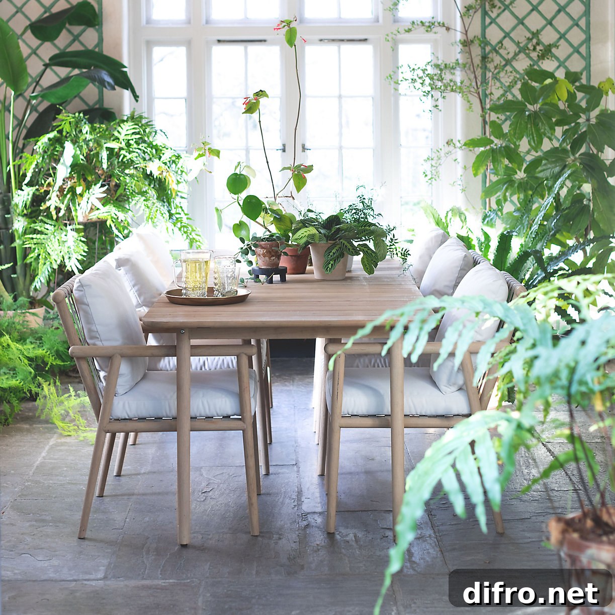 Teak furniture surrounded by houseplants