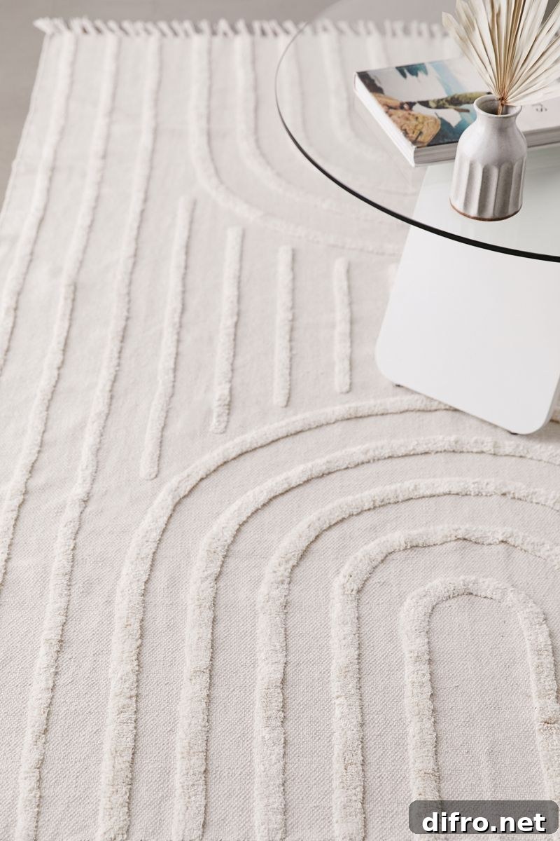 Textured geometric white cotton rug