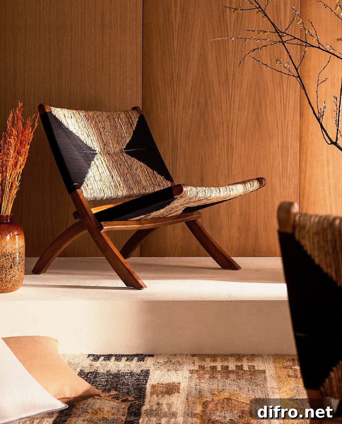 Natural wicker folding chair in a sunlit nook