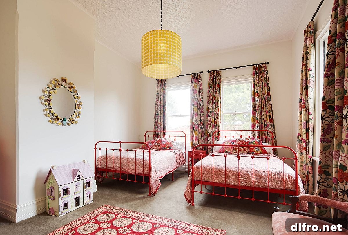 Concrete floors with colorful accents and metal beds