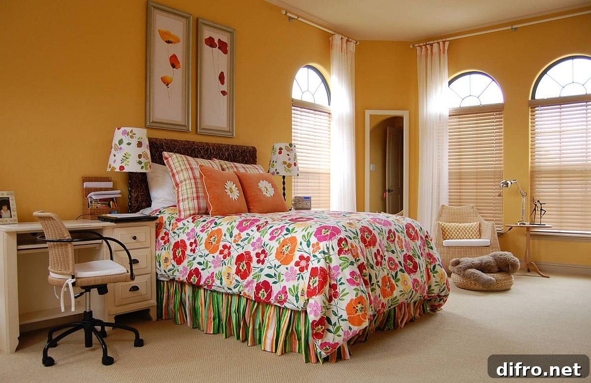Floral bedding in a cozy kids' bedroom