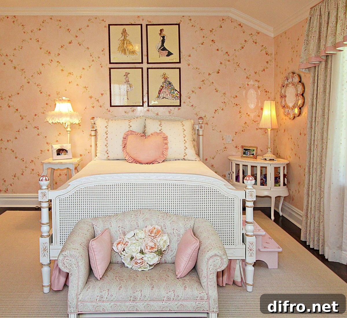 Children's bedroom with floral prints and pink walls