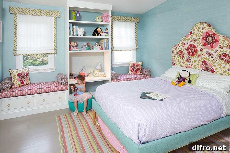 Pastel blue and pink accents in a modern kids' room