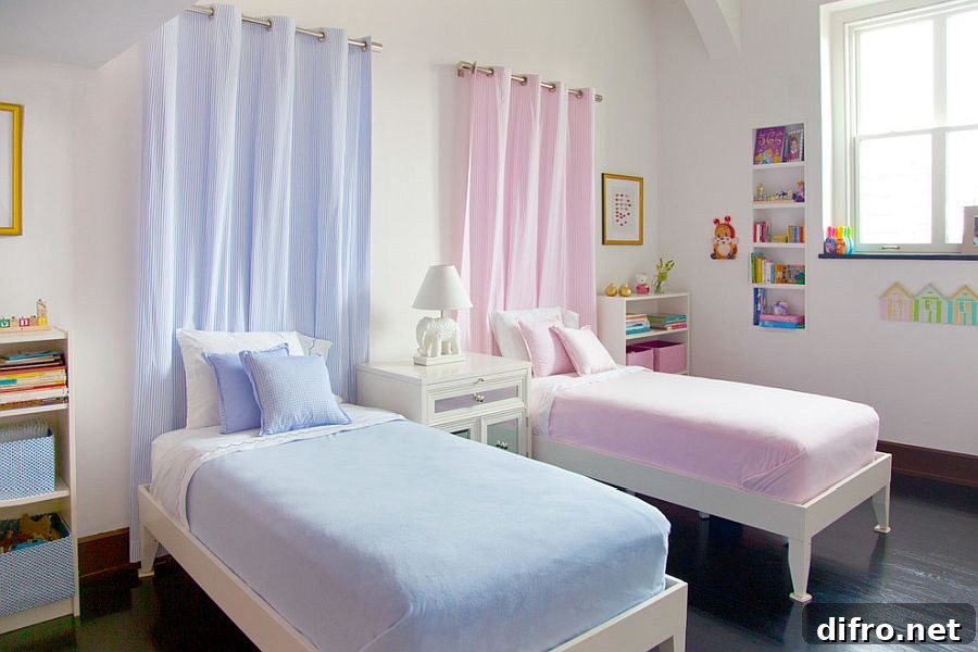 Pastel violet and pink in a small white kids' bedroom