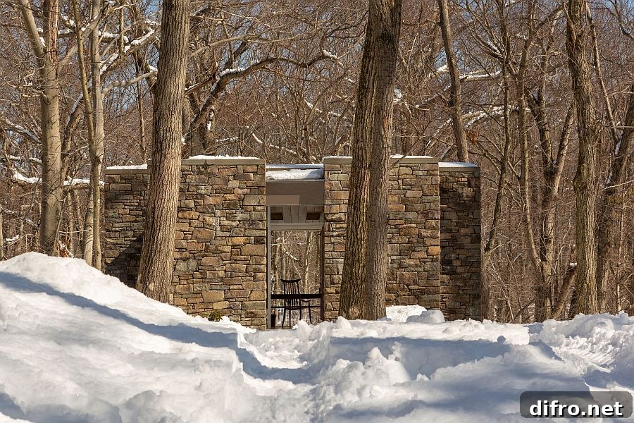Fieldstone and bluestone walls of the retreat