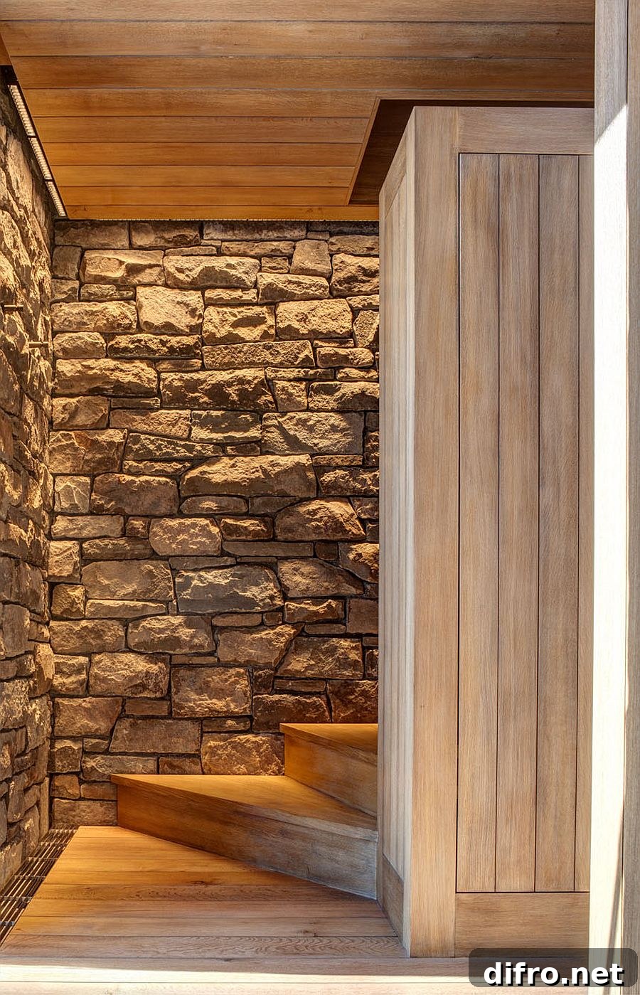 Staircase to the upper-level zen space inside the studio