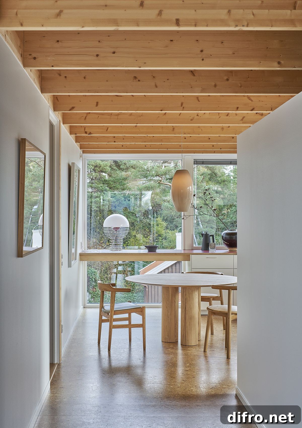 Light-filled interior with white and wood tones