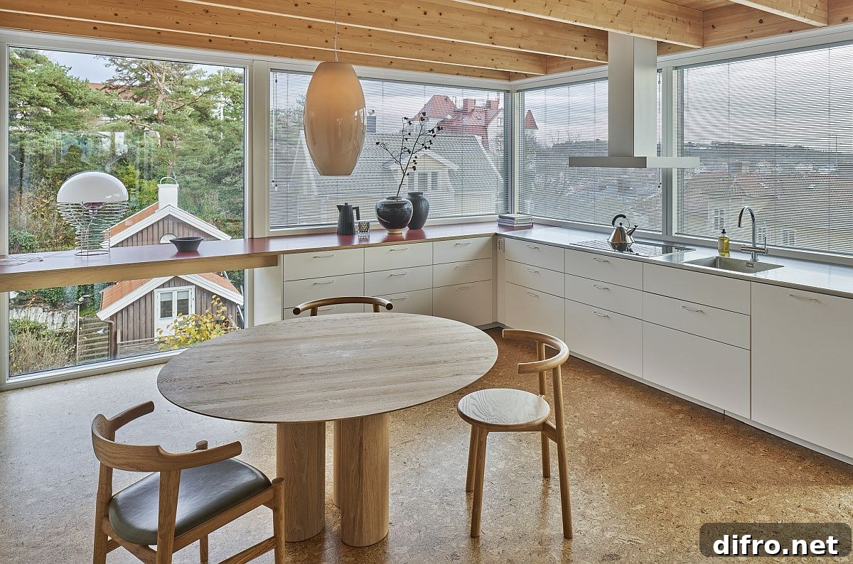 Kitchen with cork floor and white countertops