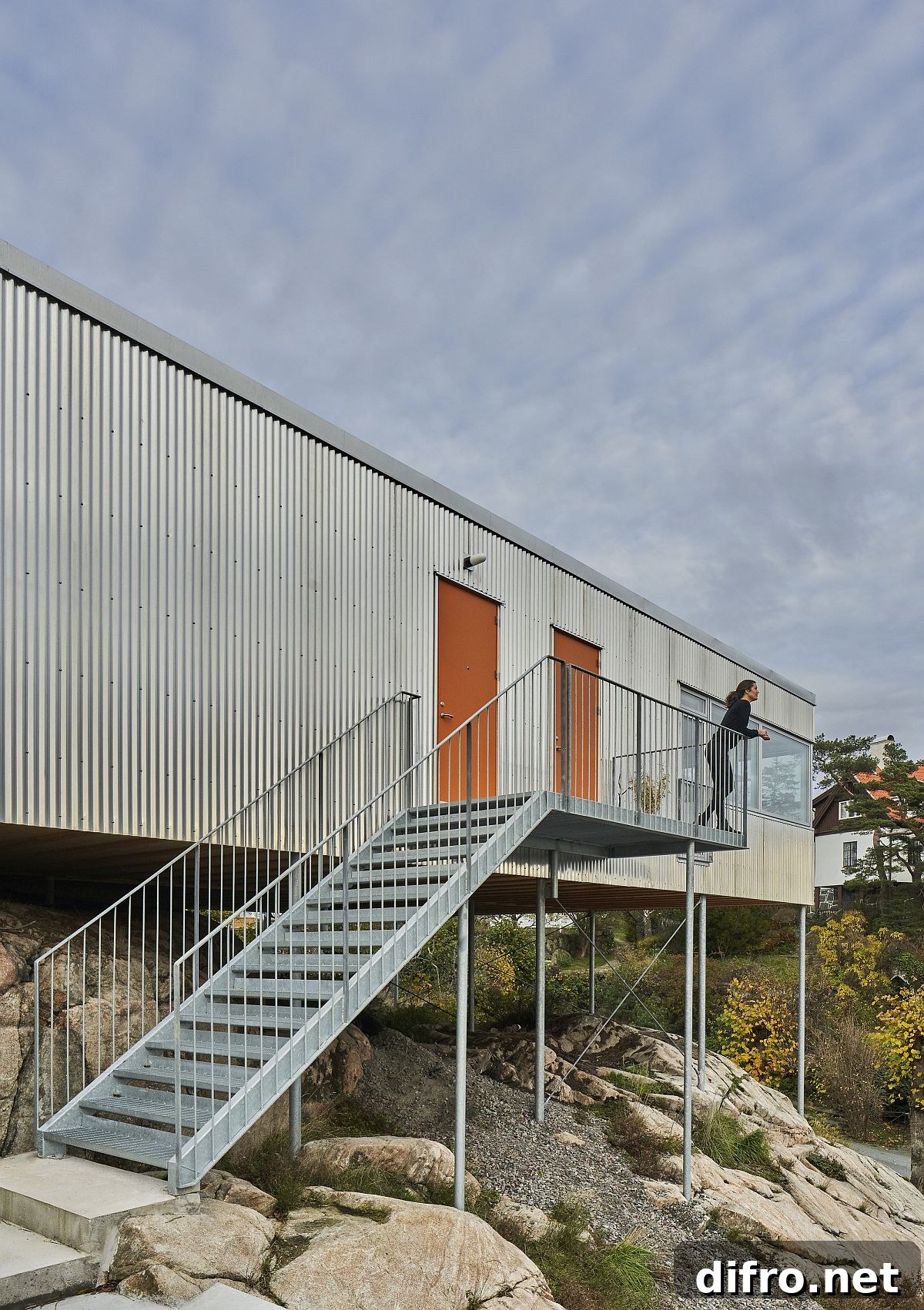 Entry to the cantilevered home in Gothenburg