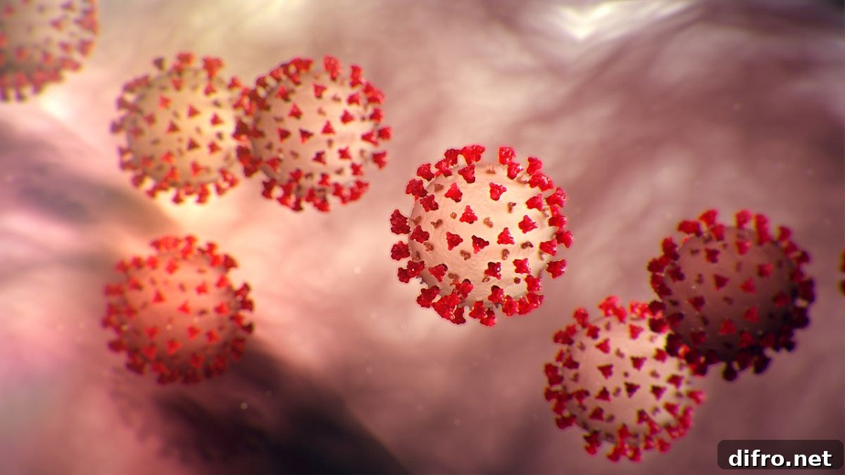 Microscopic view of coronavirus particles