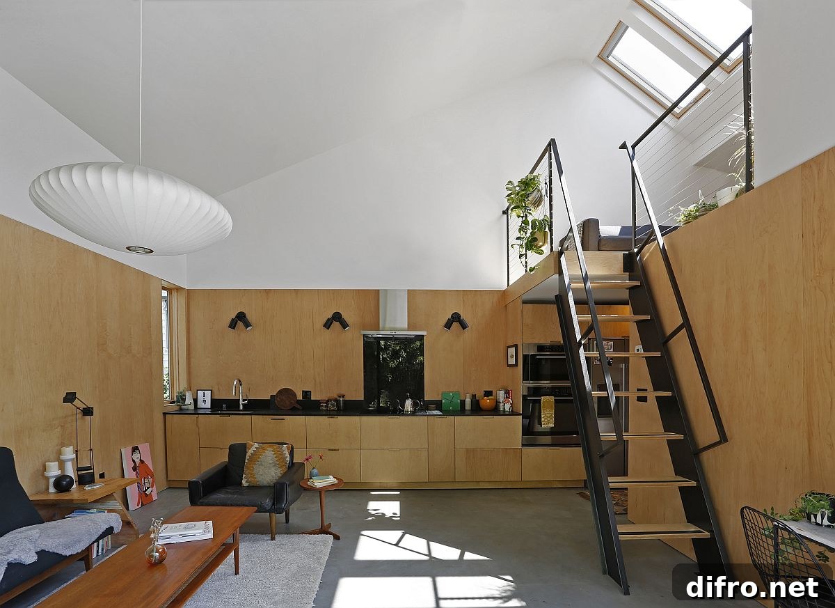 Interior showing wood, white and heated concrete floors