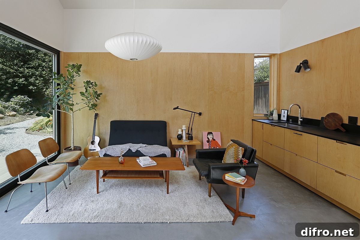 Wood panels, white surfaces and large glass windows