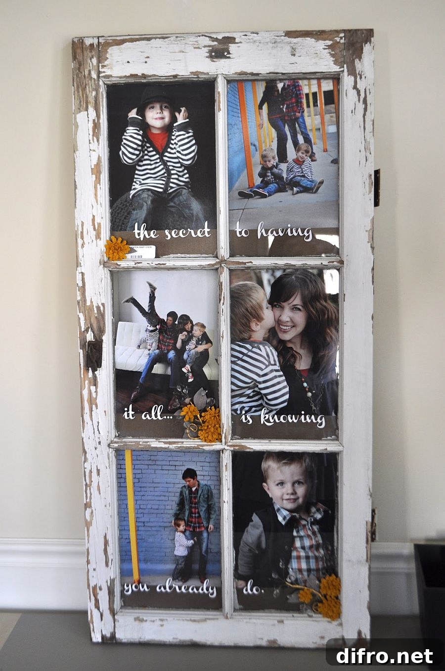 Old window turned into custom photo frame that has plenty of space for several photographs