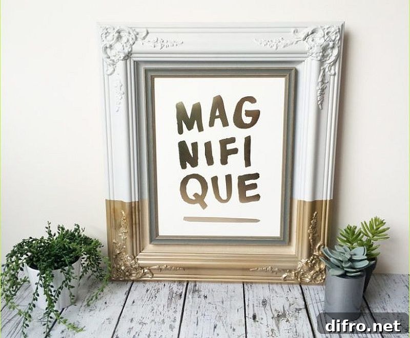 Paint-dipped picture frame in white and gold can be used in more ways than one
