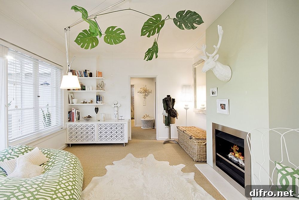 Green decor accents and leafy pattern welcome you at the family home