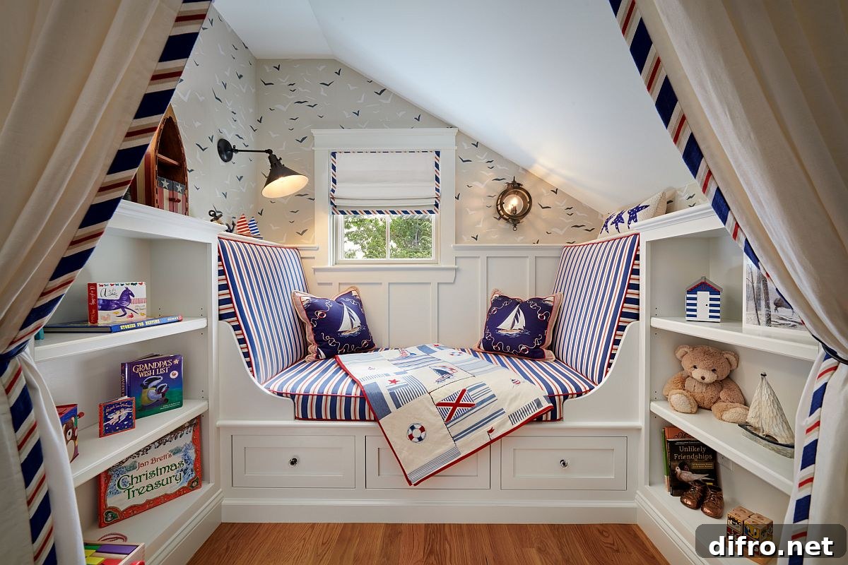 Cozy hallway play nook with seat, shelves and drapes