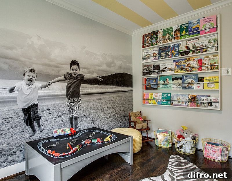 Wall-mounted shelves and cabinets in playroom