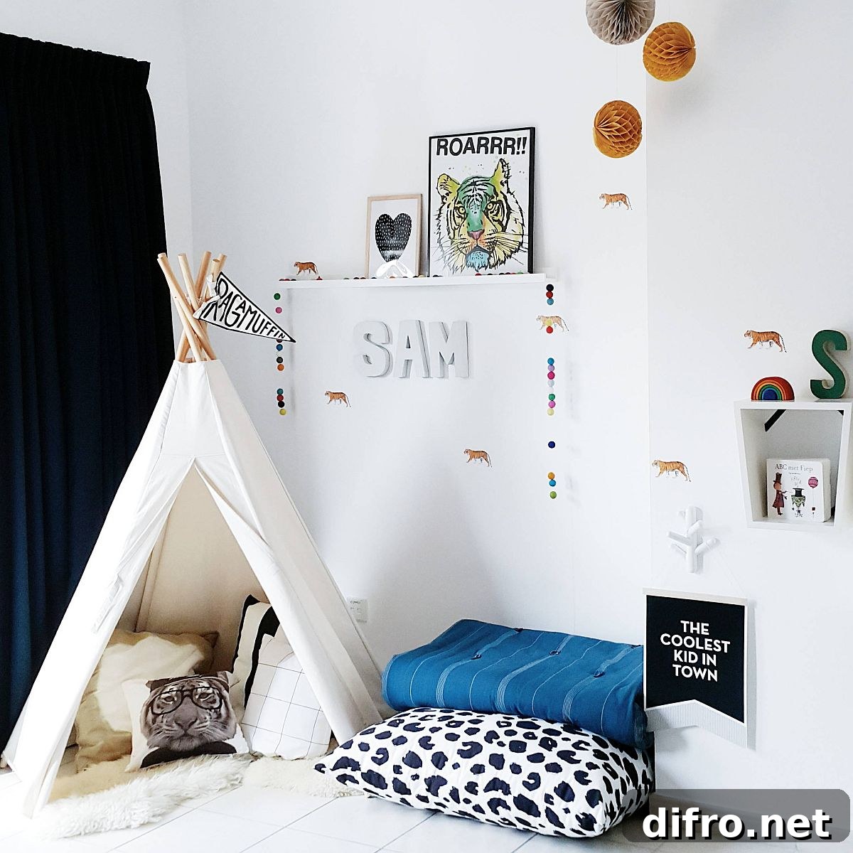 White boys' playroom with teepee and cushions