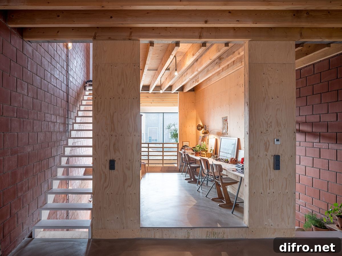 Smartly designed wooden core of the house with home workspace