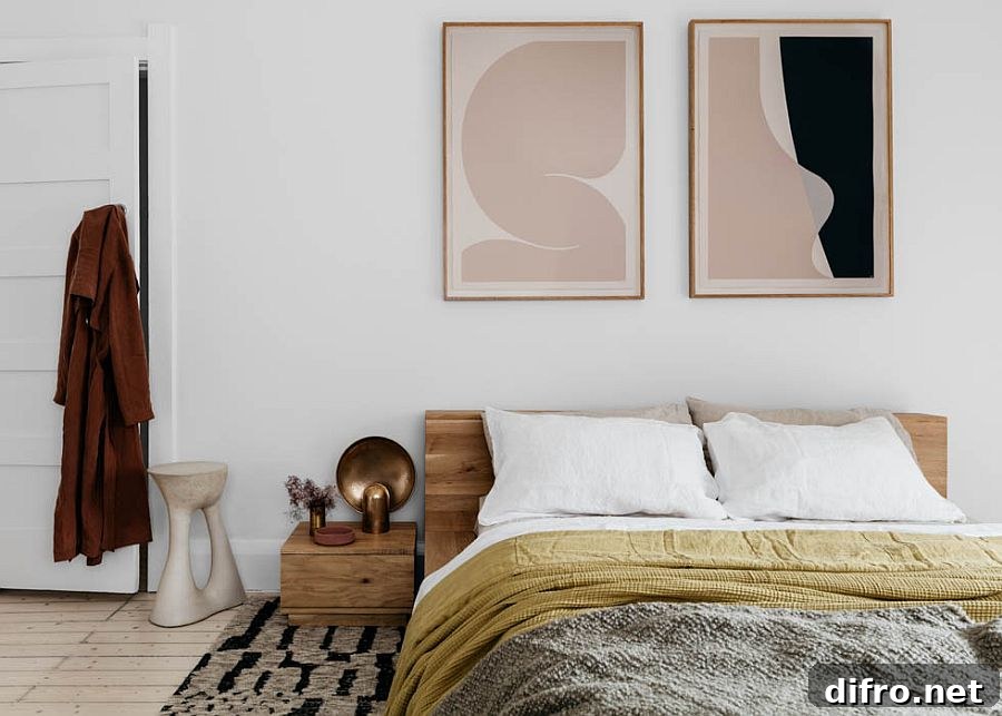 Relaxing bedroom with curated artwork
